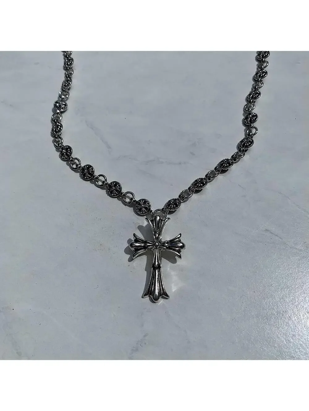 Grunge Cyber y2k silver gothic cross long necklace chain. 24 inches length